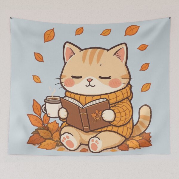 Item preview, Cozy Autumn Reading Cat Art - Ginger Tabby in Sweater - Falling Leaves & Hygge Bookworm Decor designed and sold by HappySproutArt.