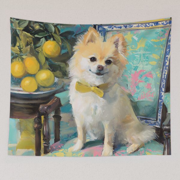 Item preview, Pomeranian dog and lemons in turquoise chinoiserie room designed and sold by SophieClimaArt.