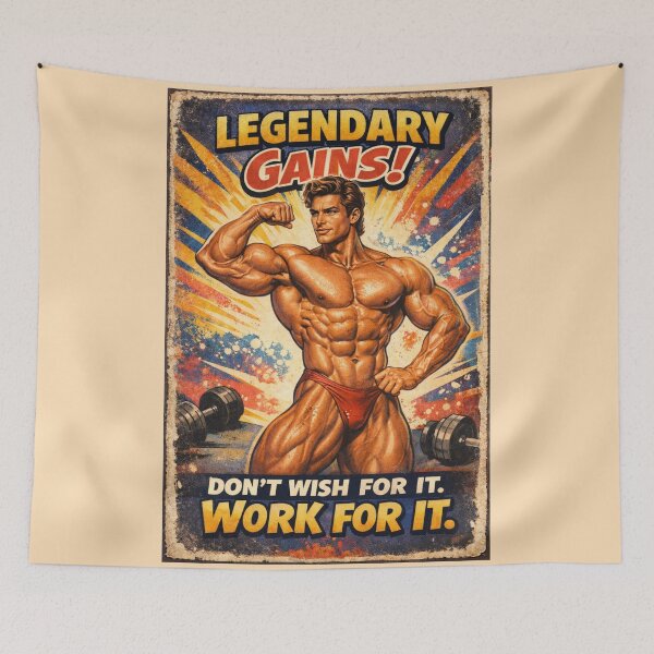 Item preview, Legendary Gains Vintage Male Bodybuilder Gym Poster designed and sold by JonelleTshirts.