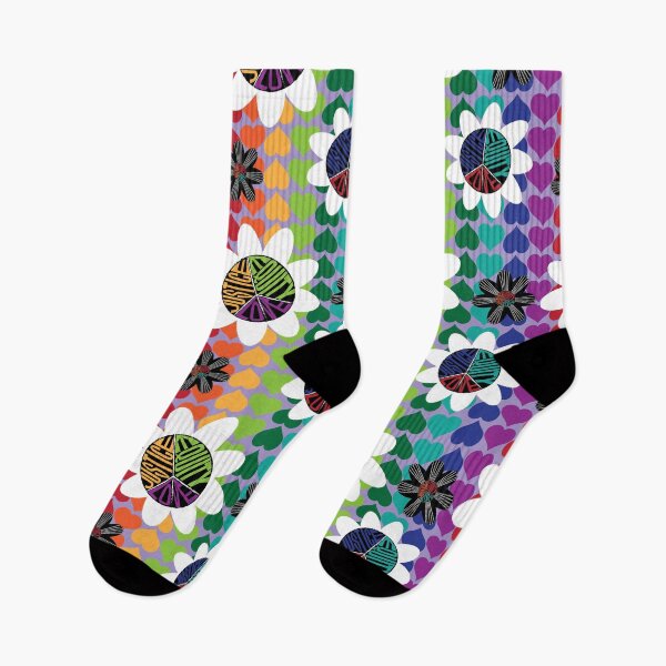 Item preview, Black&White Peace Love Justice Equity Flowers on Rainbow Hearts with Lavender designed and sold by Digitalmyth's Designs.