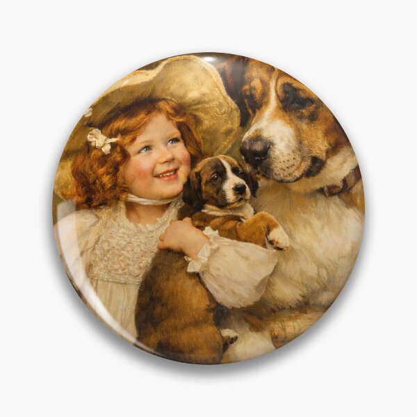 Item preview, Vintage Girl with St. Bernard Dogs – Warm Cottagecore Nursery Art designed and sold by MolliesBoutique.