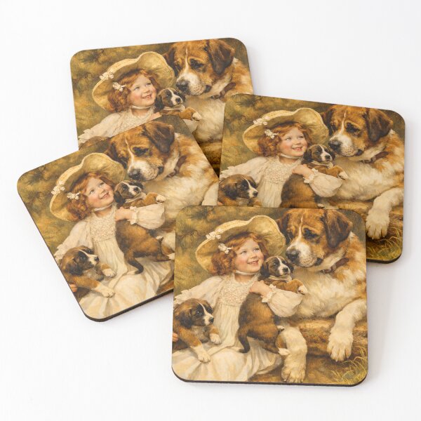 Item preview, Vintage Girl with St. Bernard Dogs – Warm Cottagecore Nursery Art designed and sold by MolliesBoutique.