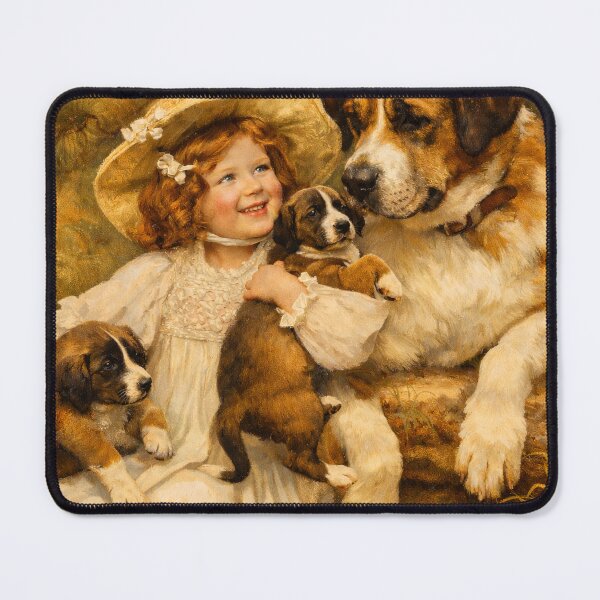 Item preview, Vintage Girl with St. Bernard Dogs – Warm Cottagecore Nursery Art designed and sold by MolliesBoutique.