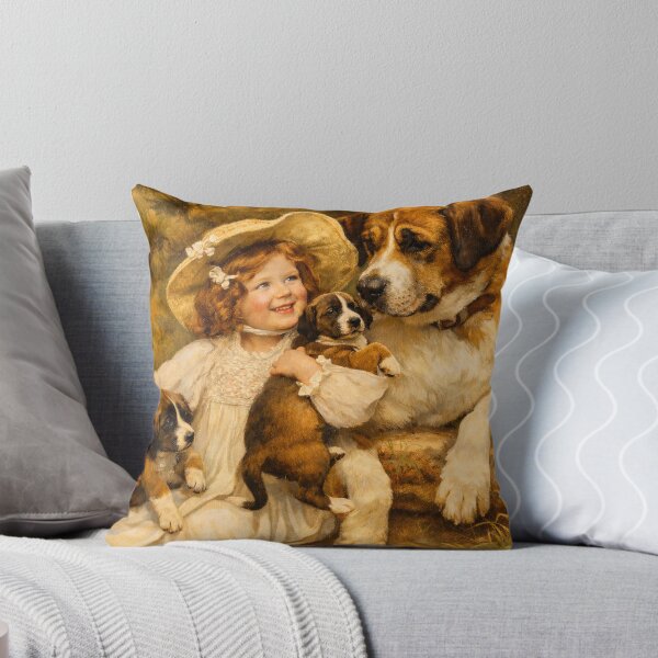 Item preview, Vintage Girl with St. Bernard Dogs – Warm Cottagecore Nursery Art designed and sold by MolliesBoutique.