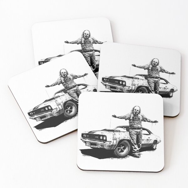 Item preview, Creepy Clown with Muscle Car | Horror Retro Black and White Art designed and sold by inkoutninja.