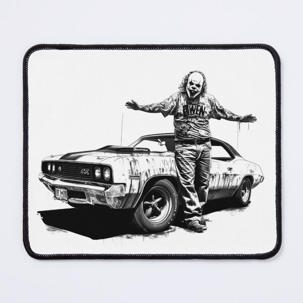 Item preview, Creepy Clown with Muscle Car | Horror Retro Black and White Art designed and sold by inkoutninja.
