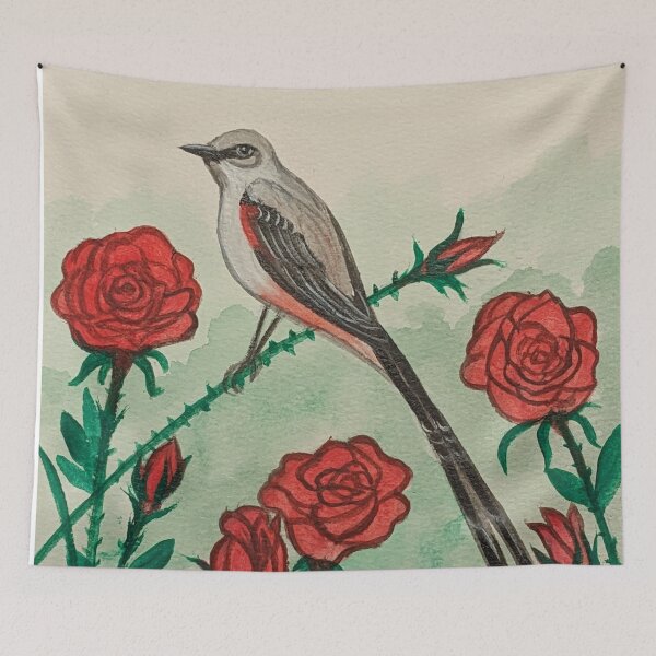 Artikelvorschau, Oklahomas Staatsvogel und Staatsblume, der Gabelschwanz-Tyrann und die Rose entworfen und verkauft von Matt Starr Fine Art .