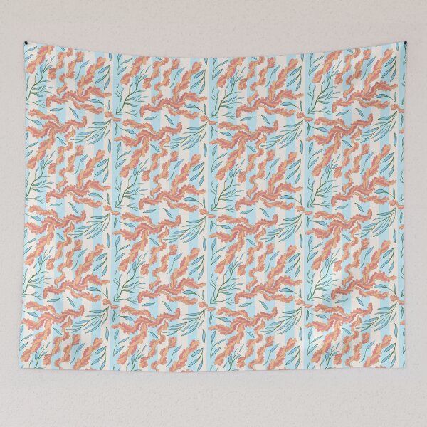 Item preview, Coral Seaweed and Blue Leaves Pinstripe Repeating Pattern  designed and sold by HydrangeaDelMar.