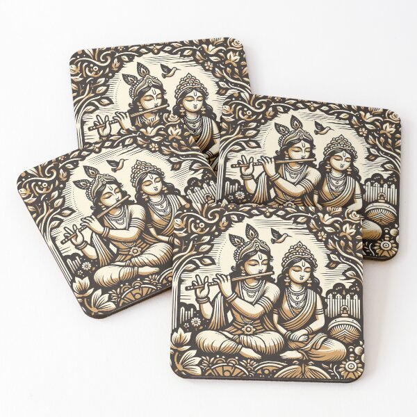 Item preview, Krishna and Radha in a garden woodcut style designed and sold by ZOXOFO.