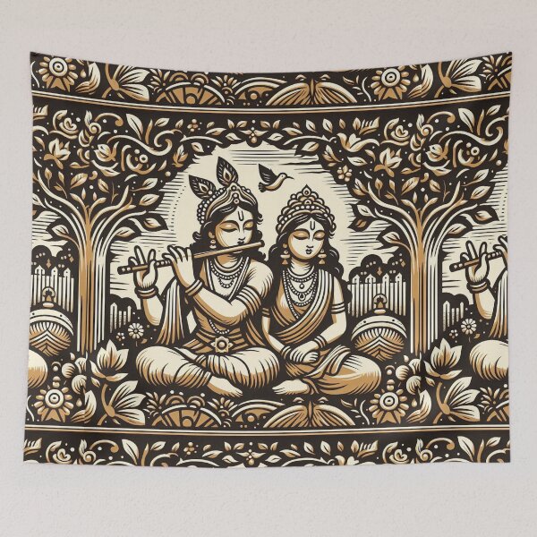 Item preview, Krishna and Radha in a garden woodcut style designed and sold by ZOXOFO.