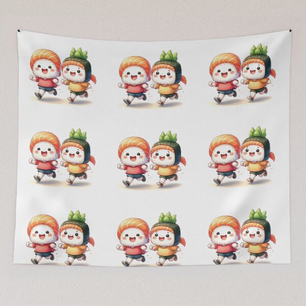 Item preview, Cute cartoon illustration of two sushi characters running together 2 designed and sold by mcraft studio.