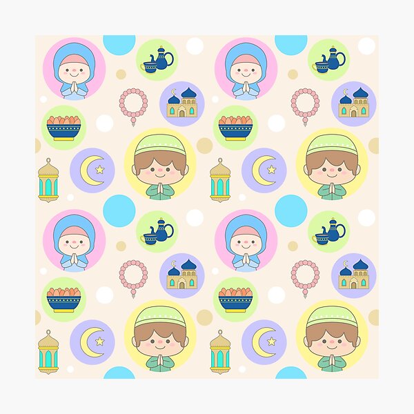 Item preview, Seamless Background Ramadan Pattern with Cute Muslim Kids Mosque Lantern and Iftar designed and sold by nuchz.