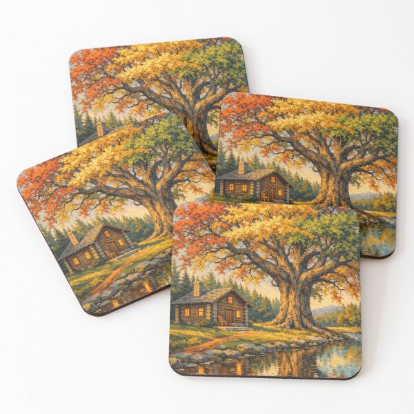 Item preview, Autumn Serenity by the Riverside Cabin – Impressionist Nature Landscape Art designed and sold by Williams Anderson.