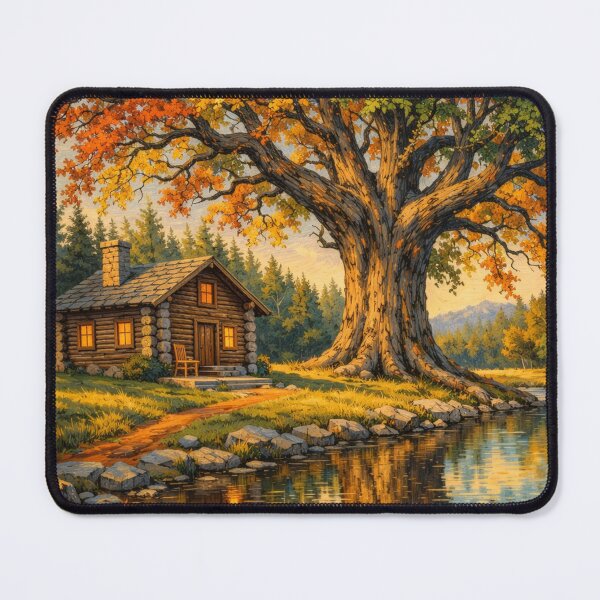 Item preview, Autumn Serenity by the Riverside Cabin – Impressionist Nature Landscape Art designed and sold by Williams Anderson.