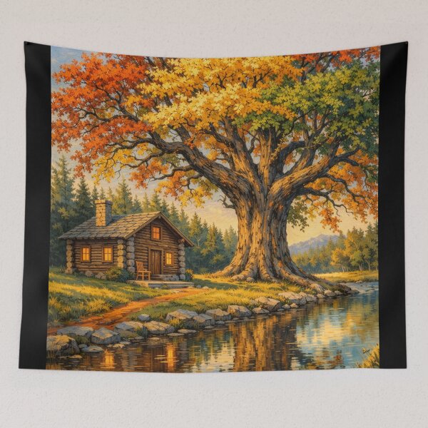 Item preview, Autumn Serenity by the Riverside Cabin – Impressionist Nature Landscape Art designed and sold by Williams Anderson.