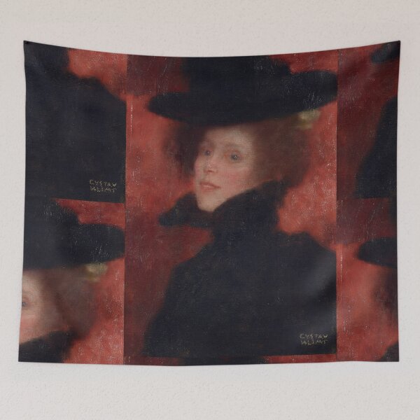 Item preview, Lady With Cape and Hat in Front of Red Background by Gustav Klimt: Vintage Portrait Poster designed and sold by artofuniverse.