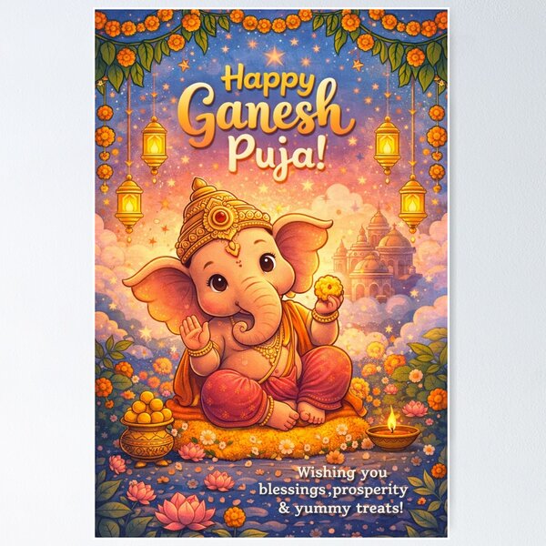 Item preview, Ganesh Puja Celebration with Baby Ganesha and Lanterns in Starry Night Sky designed and sold by Places On Earth.