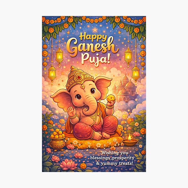Item preview, Ganesh Puja Celebration with Baby Ganesha and Lanterns in Starry Night Sky designed and sold by Places On Earth.