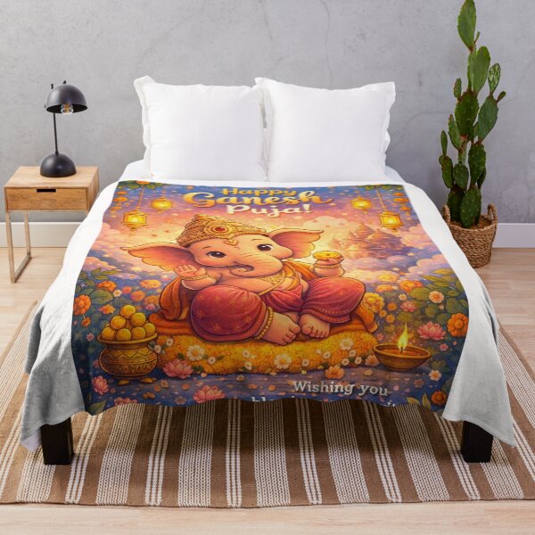 Item preview, Ganesh Puja Celebration with Baby Ganesha and Lanterns in Starry Night Sky designed and sold by Places On Earth.