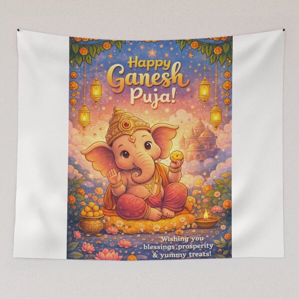 Item preview, Ganesh Puja Celebration with Baby Ganesha and Lanterns in Starry Night Sky designed and sold by Places On Earth.