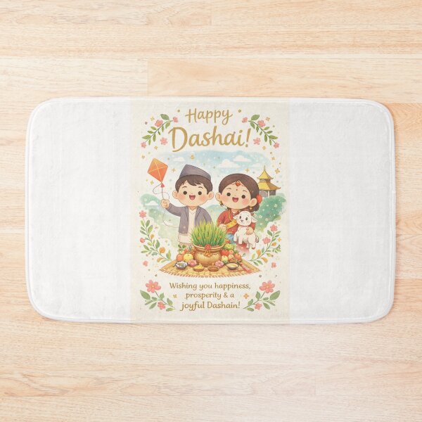 Item preview, Dashai in Nepal with Children, Goat and Jamara in Pastel Landscape designed and sold by Places On Earth.