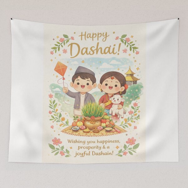 Item preview, Dashai in Nepal with Children, Goat and Jamara in Pastel Landscape designed and sold by Places On Earth.