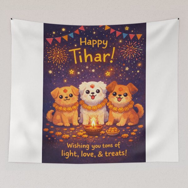 Item preview, Tihar Celebration with Three Adorned Dogs, Marigolds, and Fireworks in Nepal designed and sold by Places On Earth.