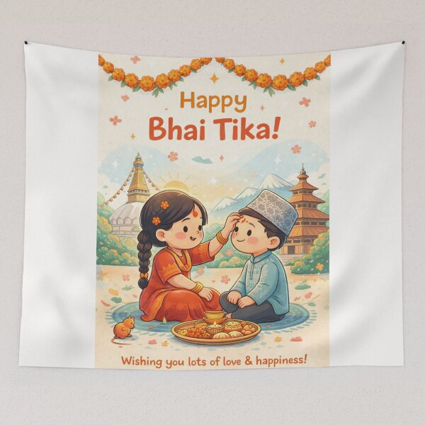 Item preview, Happy Bhai Tika Card with Sister Applying Tika in Front of Boudhanath Stupa designed and sold by Places On Earth.