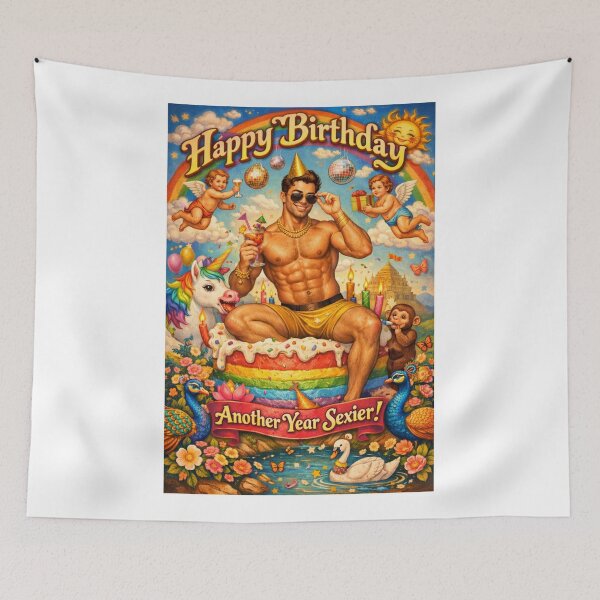 Item preview, Rainbow Birthday Cake with Shirtless Man and Peacocks designed and sold by Aryabek.
