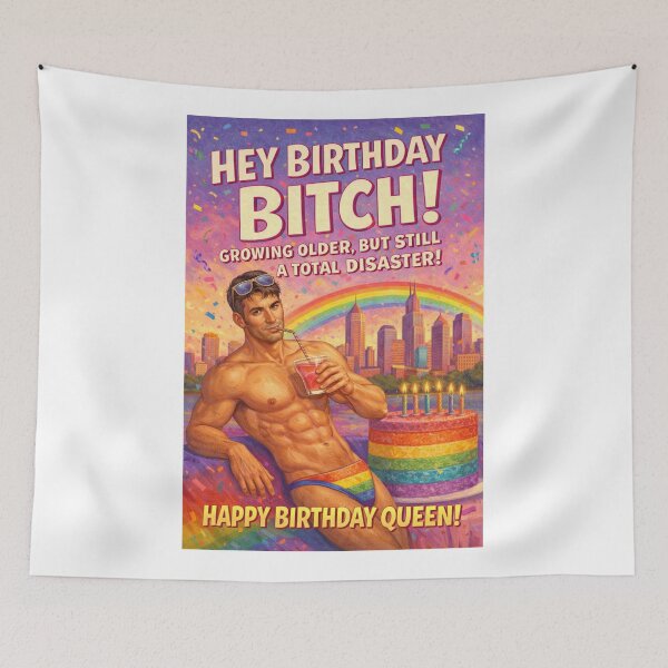 Item preview, Funny Gay Birthday Greeting with Rainbow Cake and Swimsuit designed and sold by Aryabek.