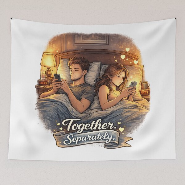 Item preview, Together. Separately. – Modern Couple on Phones in Bed | Relatable Relationship Art designed and sold by StrayaDesign.