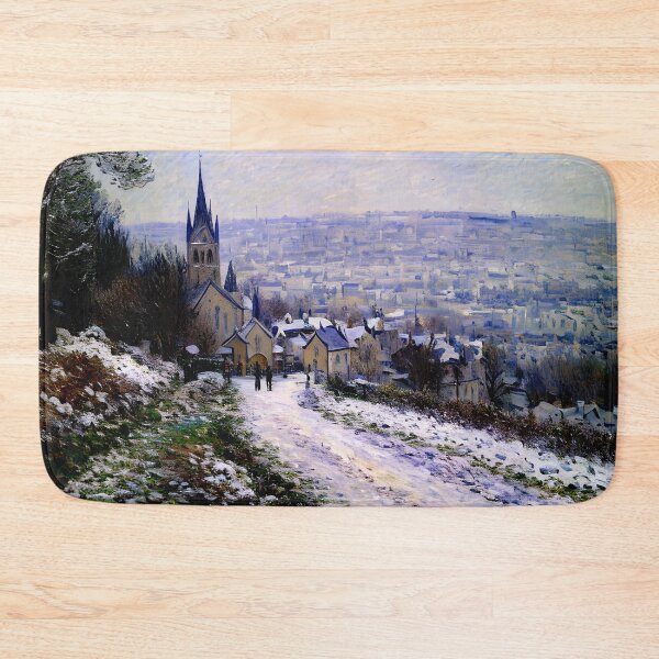Artikelvorschau, Einfahrt ins Dorf Vétheuil im Winter – Ein ruhiger Wintertag entworfen und verkauft von artdesignsnow.