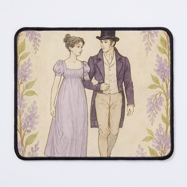 Item preview, Regency Stroll – Couple Walking Amid Wisteria Botanical Frame on Vintage Paper designed and sold by EmeraldeaArt.