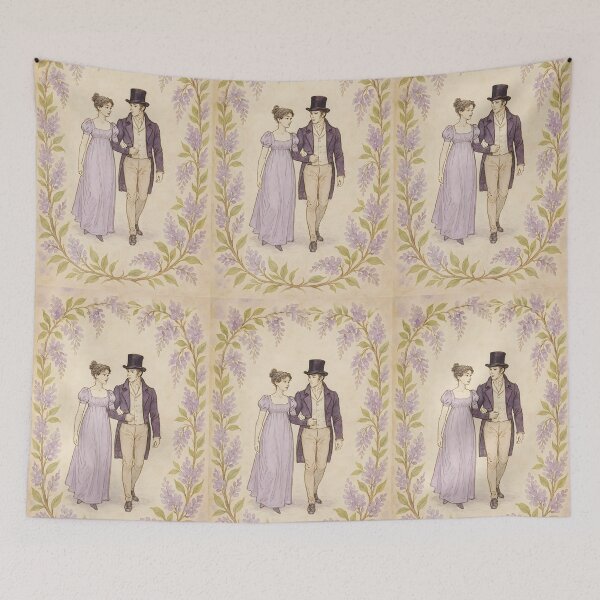 Item preview, Regency Stroll – Couple Walking Amid Wisteria Botanical Frame on Vintage Paper designed and sold by EmeraldeaArt.