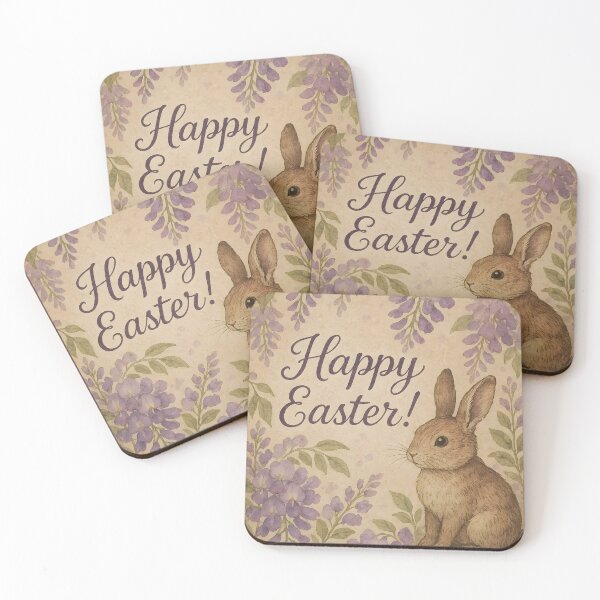 Item preview, Happy Easter – Brown Vintage Bunny in Wisteria Botanical Frame on Vintage Paper designed and sold by EmeraldeaArt.