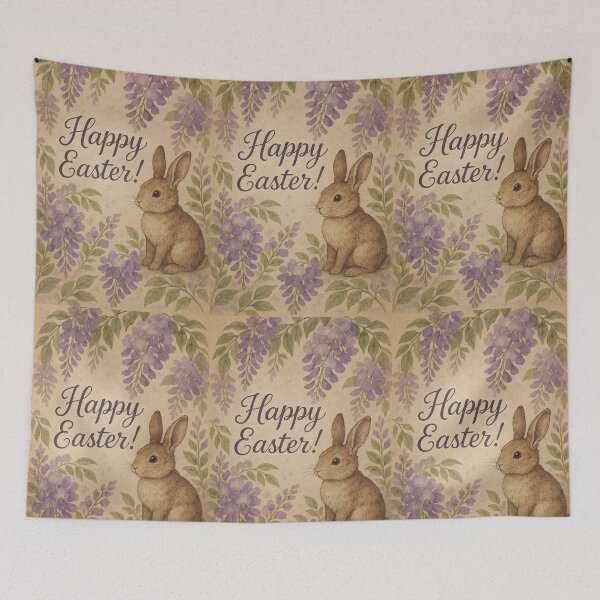 Item preview, Happy Easter – Brown Vintage Bunny in Wisteria Botanical Frame on Vintage Paper designed and sold by EmeraldeaArt.