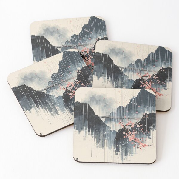 Item preview, Rainy Bridge in Bloom - Abstract Ukiyo-e Japanese Art, Minimalist Asian Landscape, Modern Zen Wall Art designed and sold by Vandy Fullam.