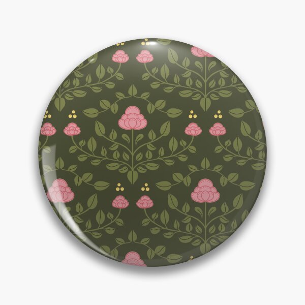 Item preview, Folk art: Pink peony blossoms with olive-green tendrils and yellow dots on a dark olive background designed and sold by Karima Deiss.