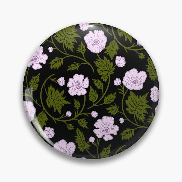 Item preview, Light purple anemone blossoms and dark green leaves on a black background with botanical tendrils. designed and sold by Karima Deiss.