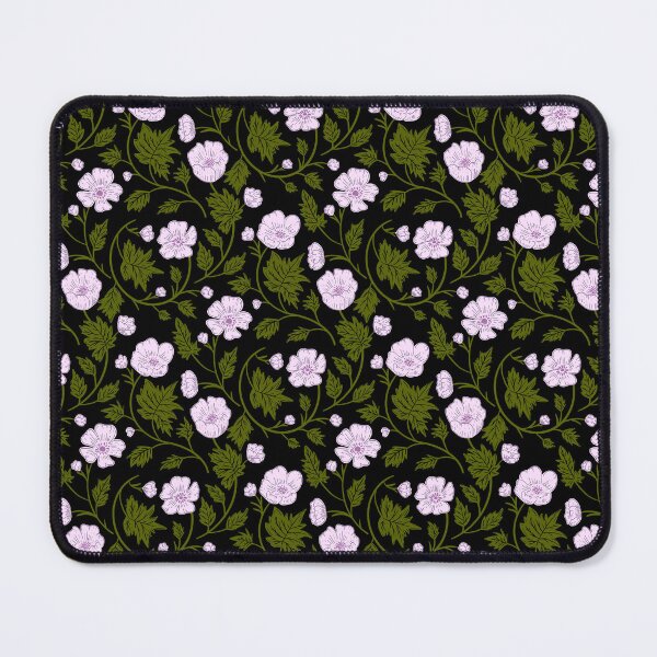 Item preview, Light purple anemone blossoms and dark green leaves on a black background with botanical tendrils. designed and sold by Karima Deiss.