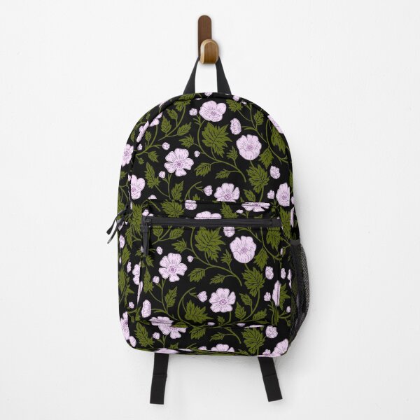 Item preview, Light purple anemone blossoms and dark green leaves on a black background with botanical tendrils. designed and sold by Karima Deiss.