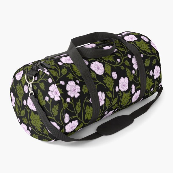 Item preview, Light purple anemone blossoms and dark green leaves on a black background with botanical tendrils. designed and sold by Karima Deiss.