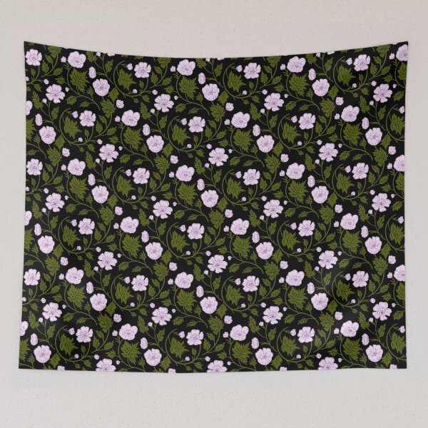 Item preview, Light purple anemone blossoms and dark green leaves on a black background with botanical tendrils. designed and sold by Karima Deiss.