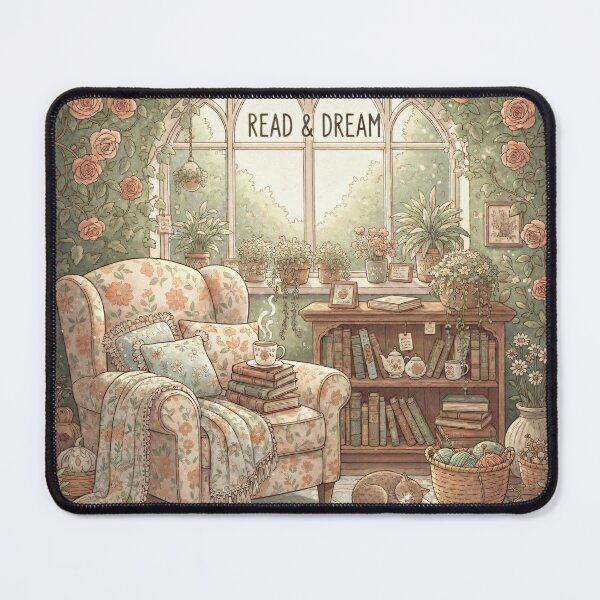 Item preview, The Reader's Secret Garden: Cozy Cottagecore Reading Nook with Sleeping Cat and Tea designed and sold by Dancosta40.