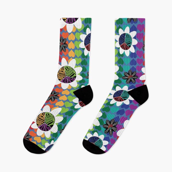 Item preview, Black&White Peace Love Justice Equity Flowers on Rainbow Hearts with Periwinkle designed and sold by Digitalmyth's Designs.