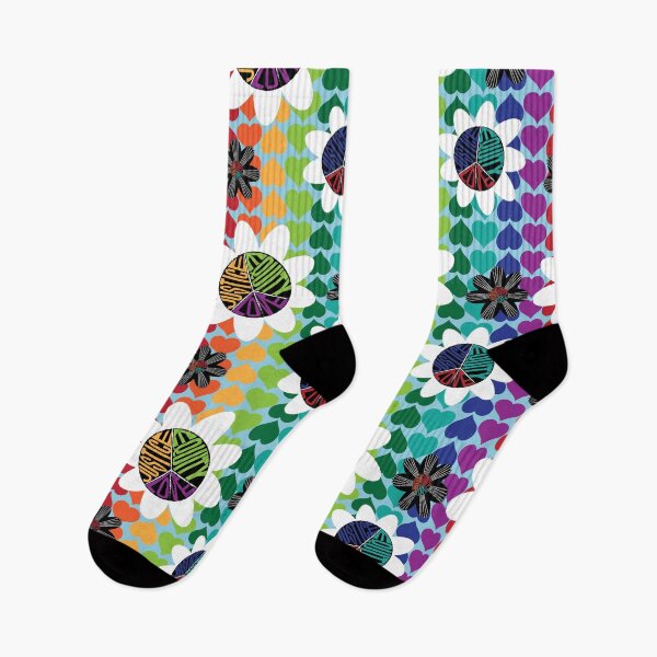 Item preview, Black&White Peace Love Justice Equity Flowers on Rainbow Hearts with Aqua designed and sold by Digitalmyth's Designs.