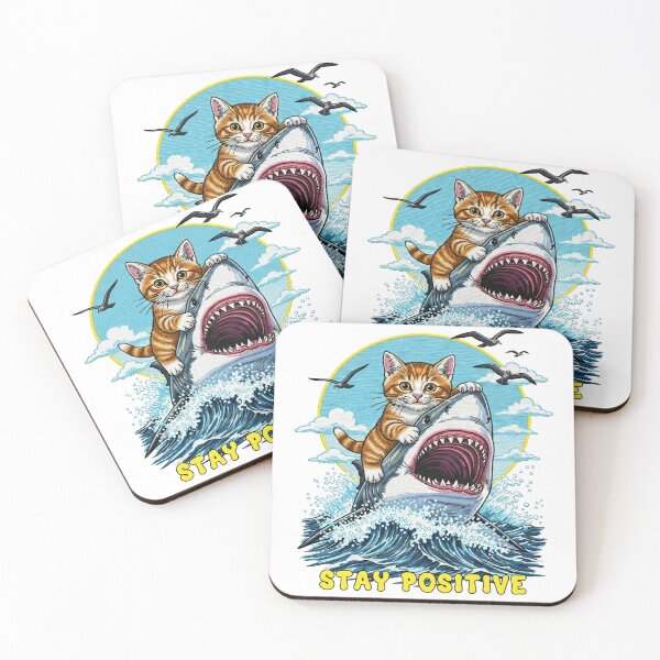 Item preview, Stay Positive Cat Riding a Great White Shark designed and sold by TeeARTHY.
