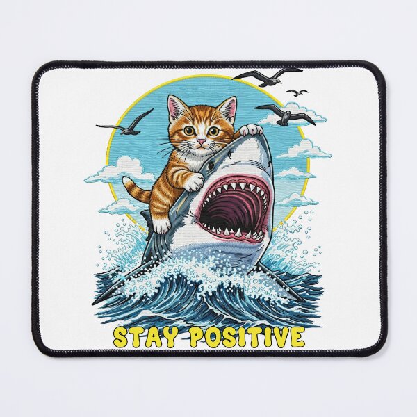 Item preview, Stay Positive Cat Riding a Great White Shark designed and sold by TeeARTHY.