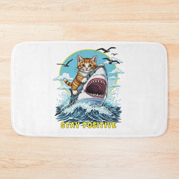 Item preview, Stay Positive Cat Riding a Great White Shark designed and sold by TeeARTHY.