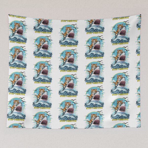 Item preview, Stay Positive Cat Riding a Great White Shark designed and sold by TeeARTHY.